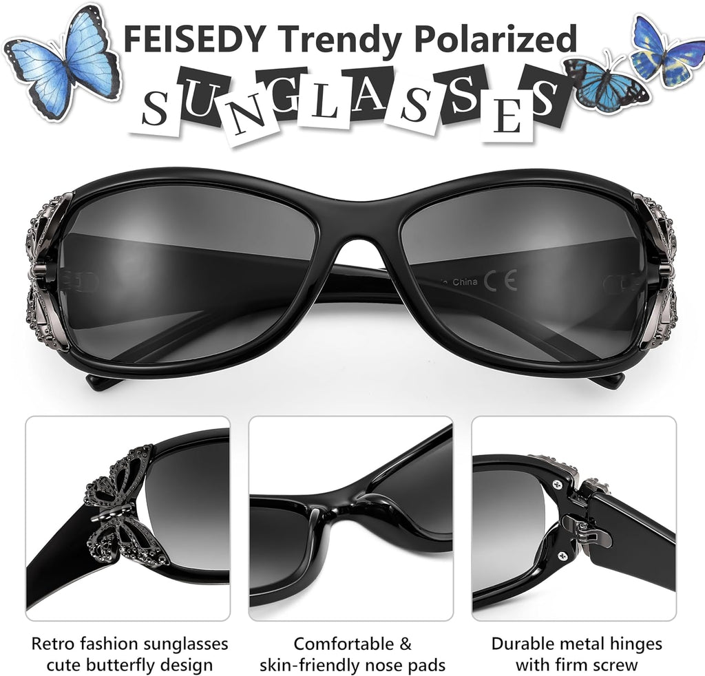 Y2K Women Polarized Sunglasses Butterfly Wrap Around UV400 Shades | Vintage 2000s Wrap Oval Sun Glasses, Ideal for