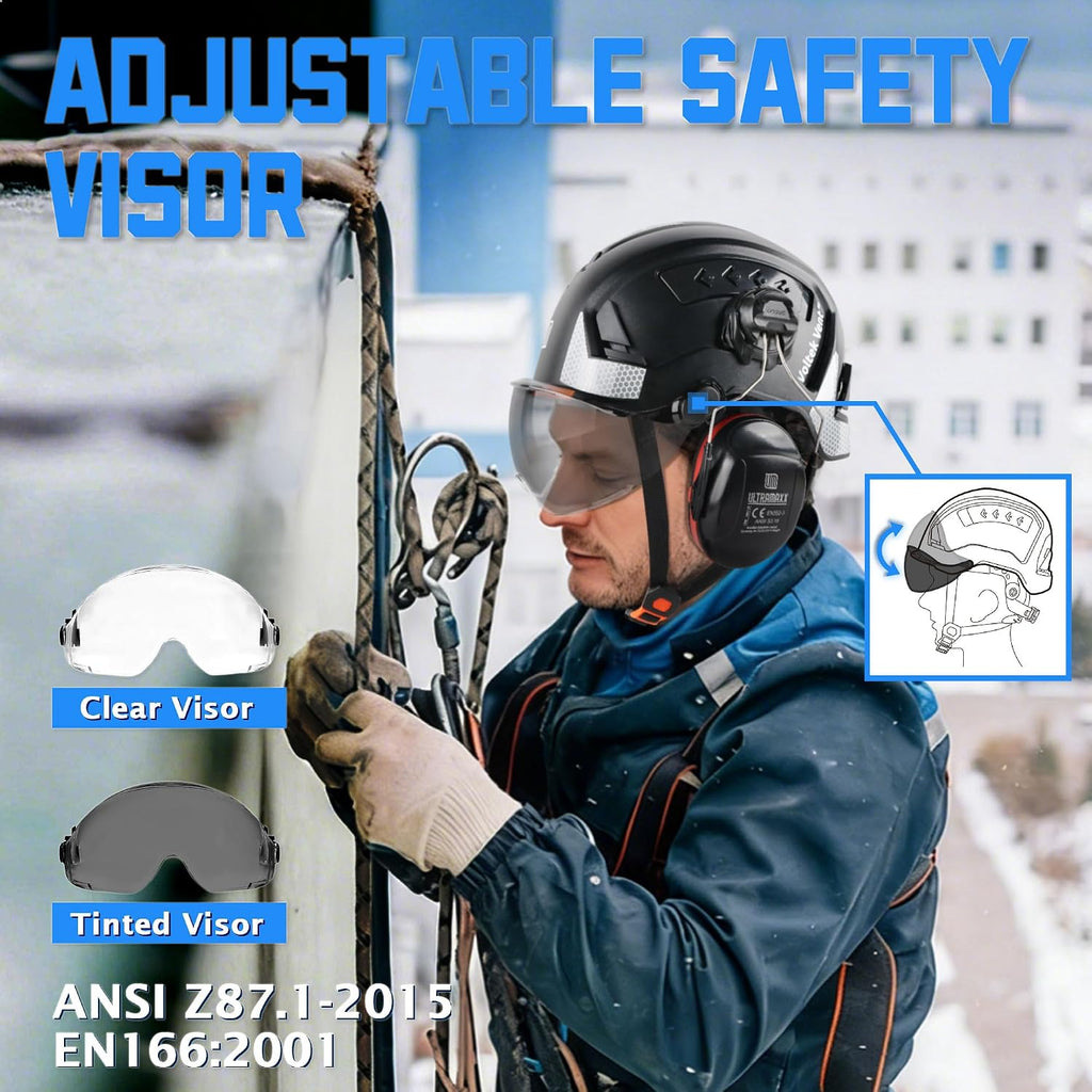 Type II Class C Hard Hat | Adjustable Face Visor & Detachable Ear Muffs | ANSI Z89.1 Certified, 6-Point Ratchet Fit