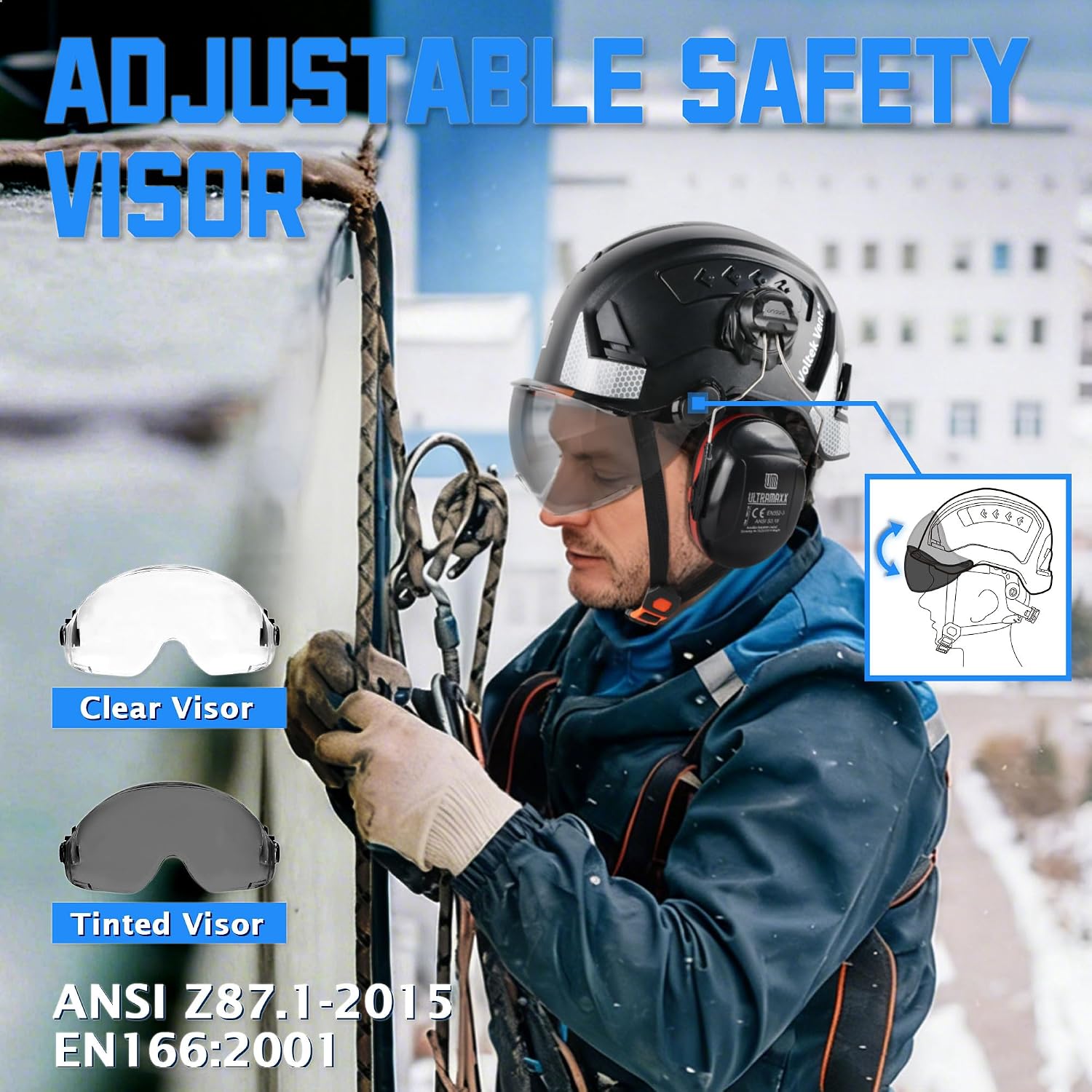Type II Class C Hard Hat | Adjustable Face Visor & Detachable Ear Muffs | ANSI Z89.1 Certified, 6-Point Ratchet Fit