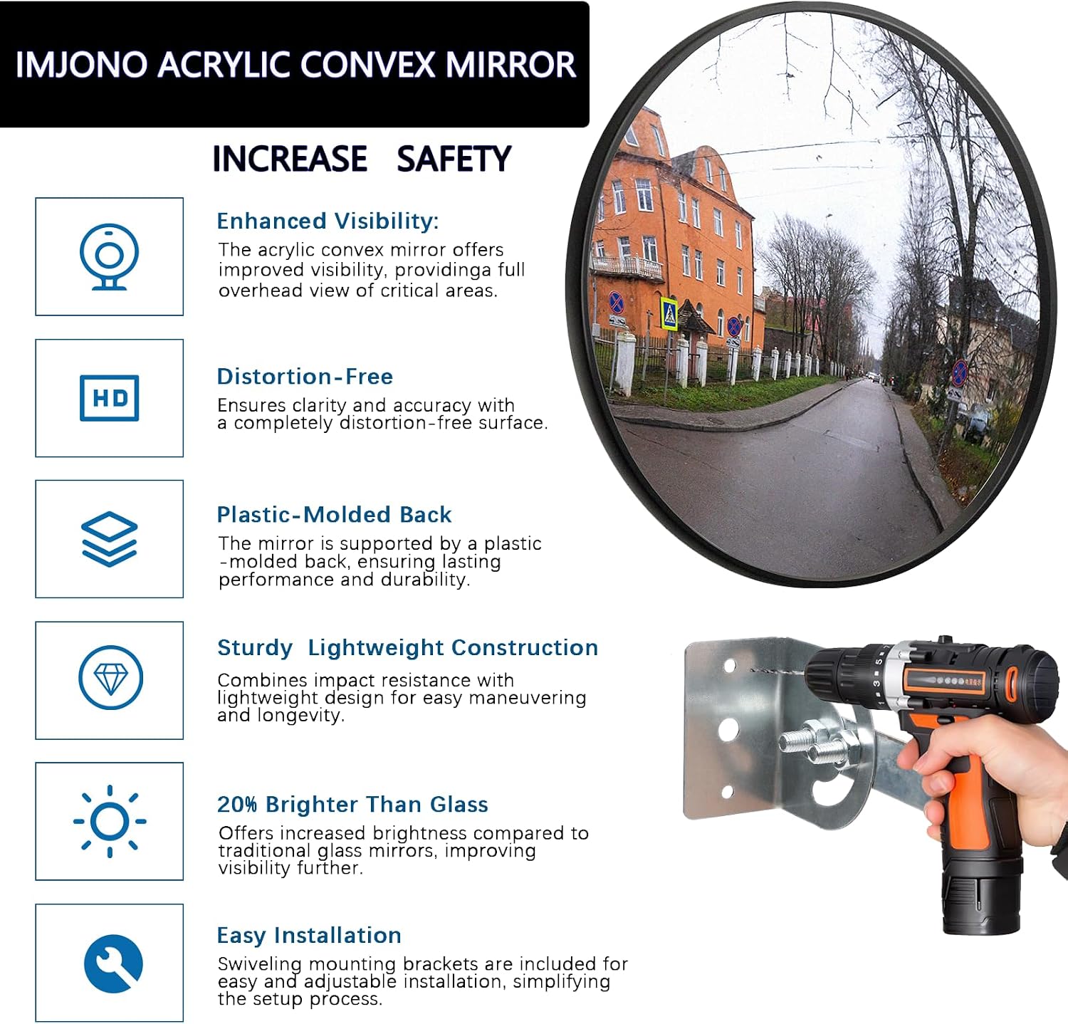 12" Acrylic Convex Mirror – Adjustable Wide Angle View Traffic Mirror for Enhanced Security Coverage in Rooms