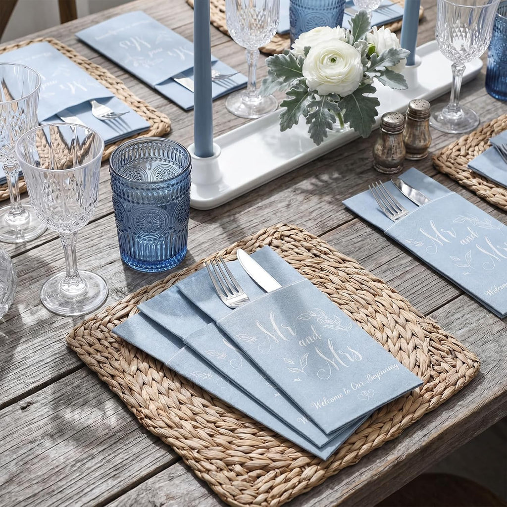 100 Pcs Linen Feel Napkins Disposable, Blue Mr and Mrs