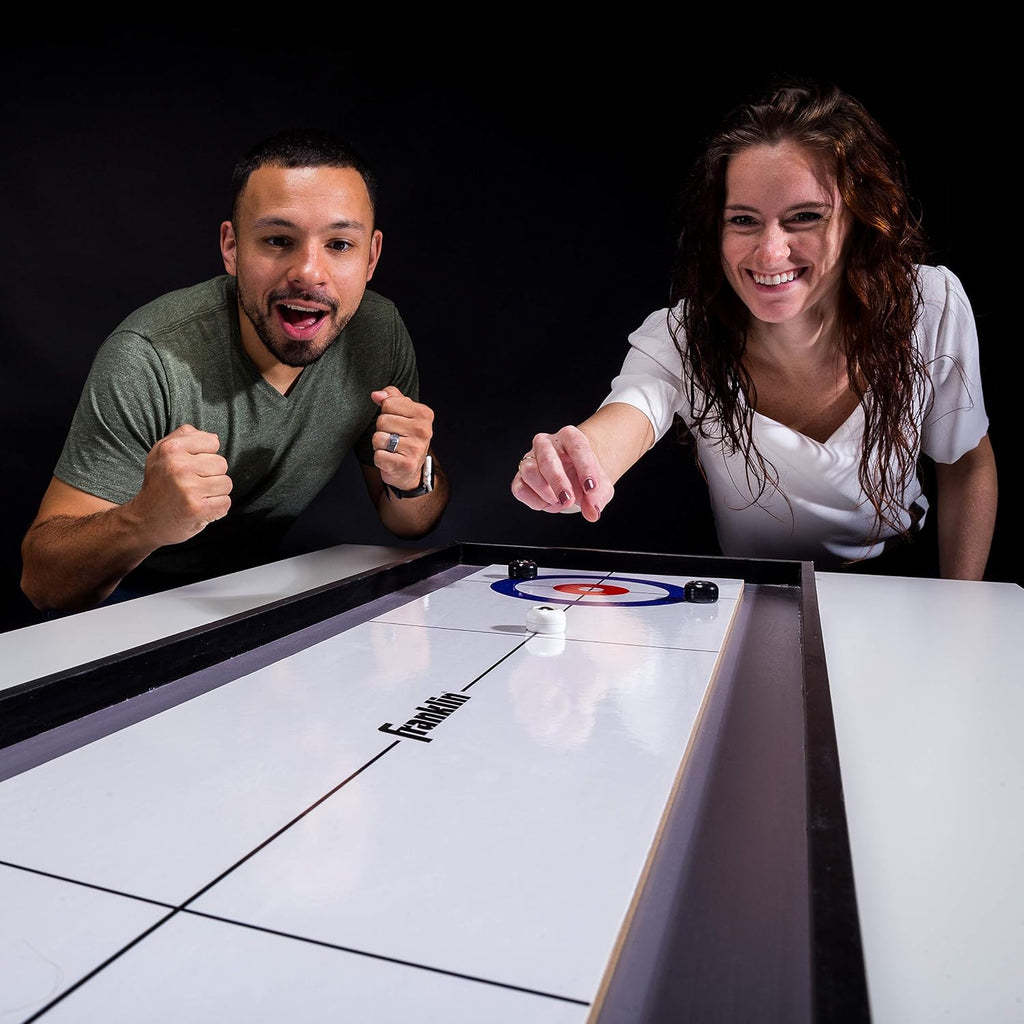 2-in-1 Shuffleboard Table and Curling Set - Portable Tabletop Set Includes 8 Rolling Mini Pucks - 45" | Ready To Play