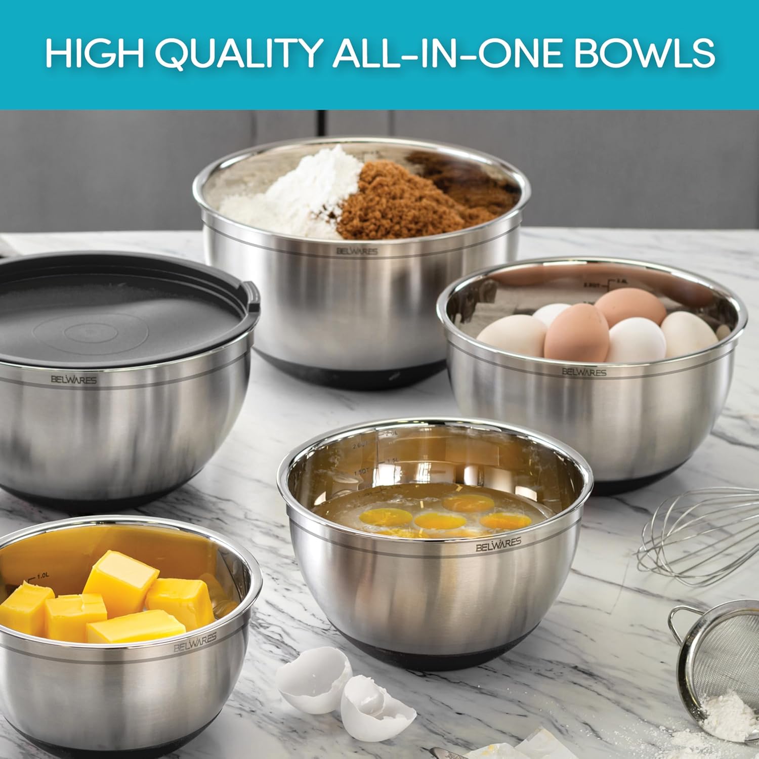 Mixing Bowls with Lids Set of 5 - Stainless Steel Mixing Bowl Set, Kitchen Nesting Metal Bowls with Non Slip Bottoms