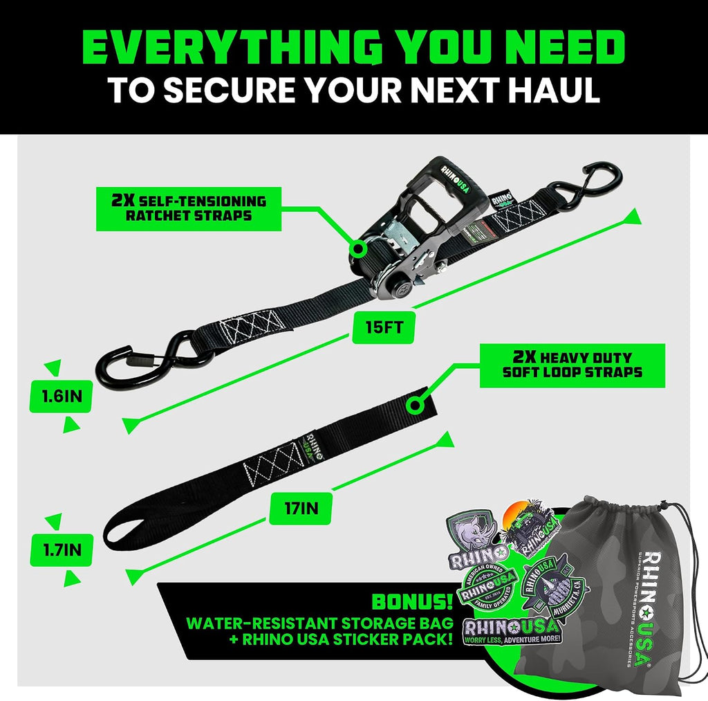 Self Tensioning Ratchet Straps (2 Pack) - 1.6in x 15ft Cargo | Patented Design for Constant Tension When Load Shifts.