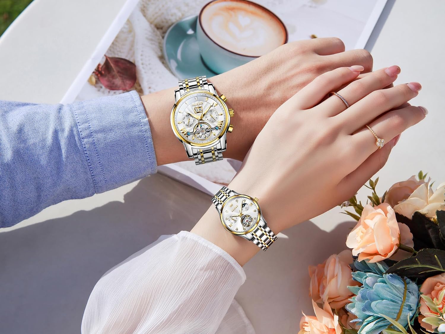 Couple Pair Watches Set Automatic Mechanical Self Winding Dress Matching Watch for His and Hers Valentines Day Gifts