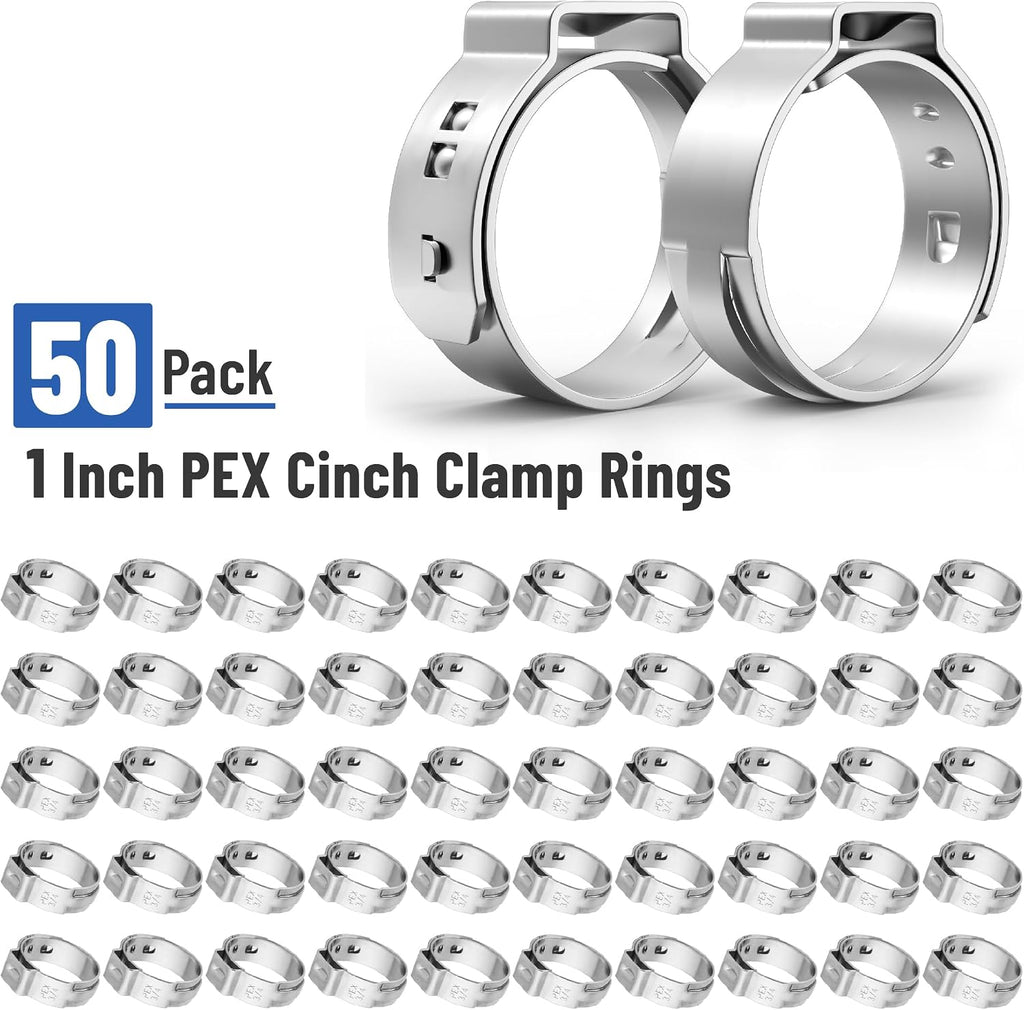 Bates- PEX Cinch Clamp Rings, 1-Inch, 50 Pack, Stainless Steel, Pex Clamps