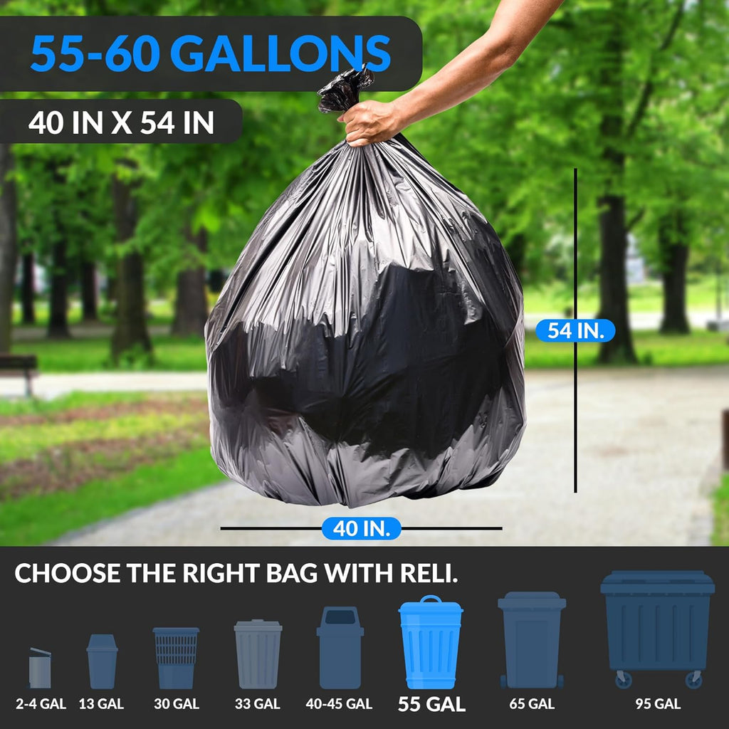 55-60 Gallon Trash Bags Heavy Duty | 150 Trash Bags, Twist Ties | Black, Serious Garbage Cleanup | Large Garbage Bags