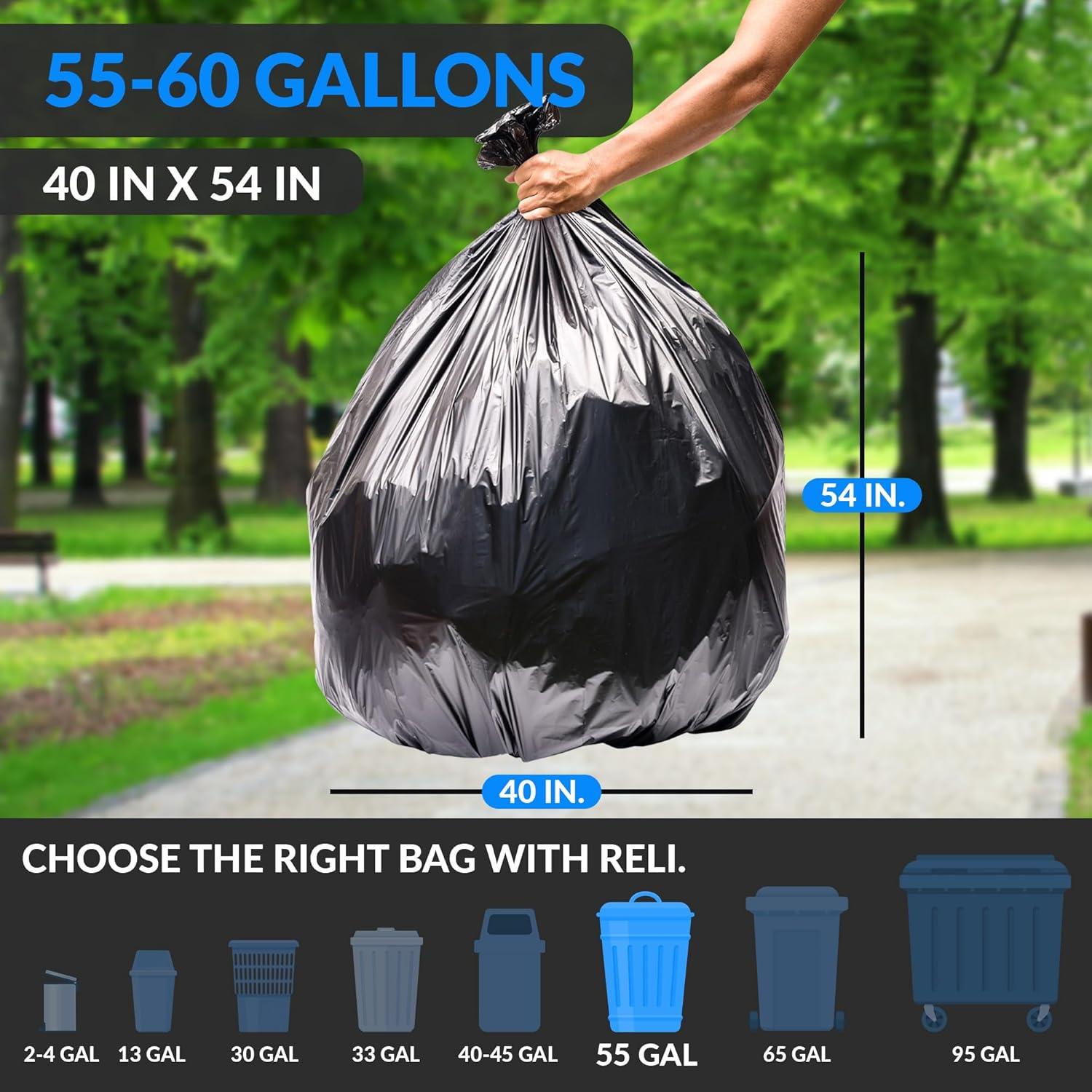 55-60 Gallon Trash Bags Heavy Duty | 150 Trash Bags, Twist Ties | Black, Serious Garbage Cleanup | Large Garbage Bags