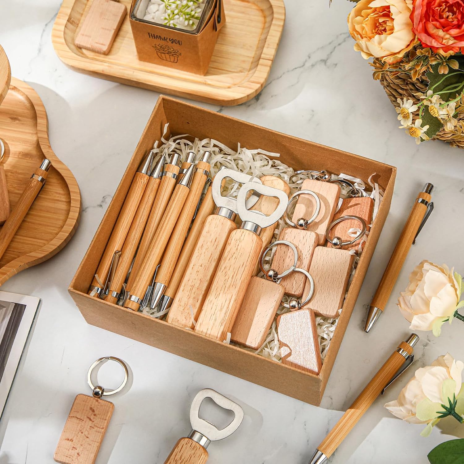 60 Pcs Laser Blanks Product Laser Engraving Material Kit Including DIY Wooden Blank Bottle Opener, Wooden Keychain