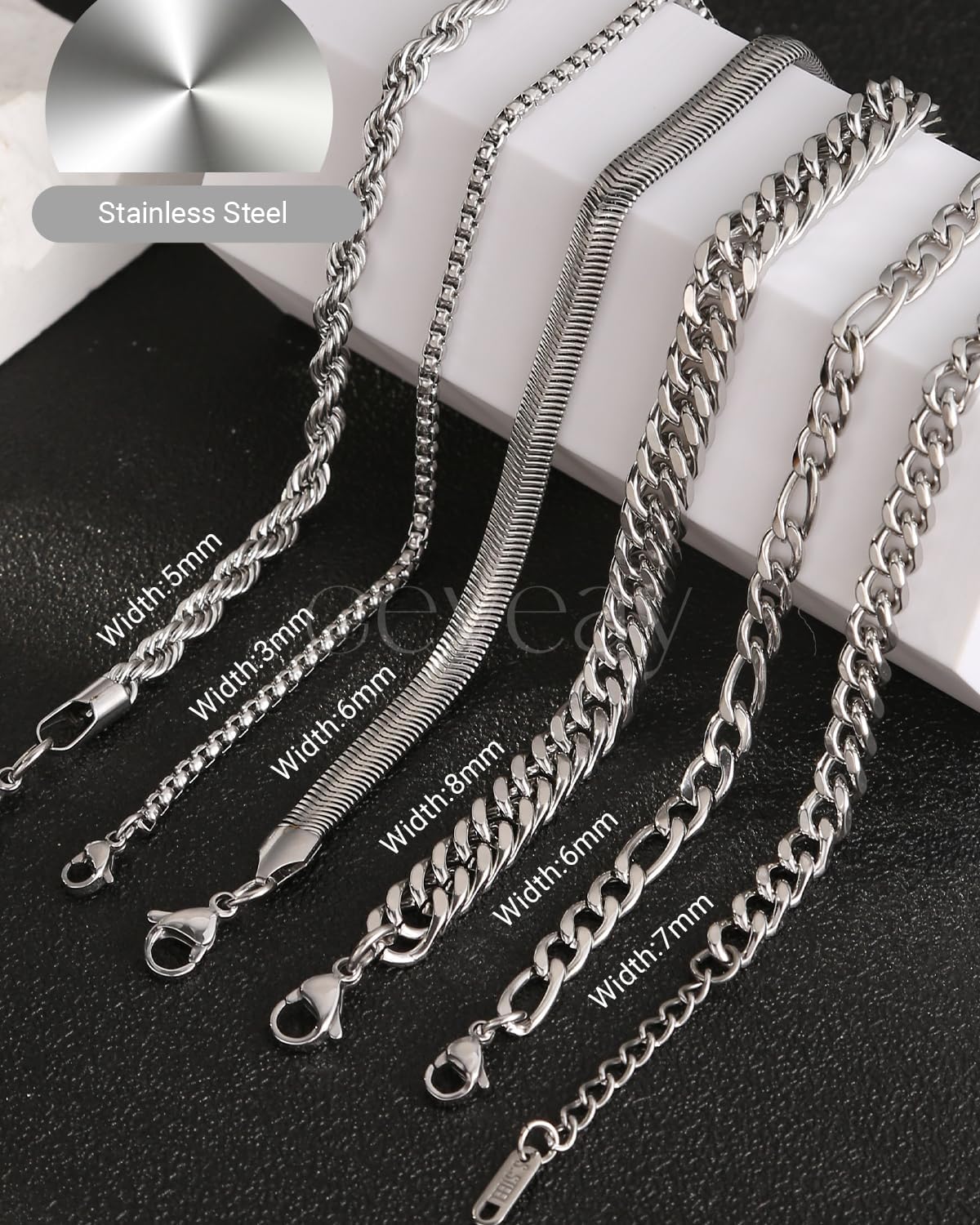 Men's Stainless Steel Silver Bracelets,6Pcs Adjustable Trendy Cuban Link Chain Bracelet Set Men Jewelry