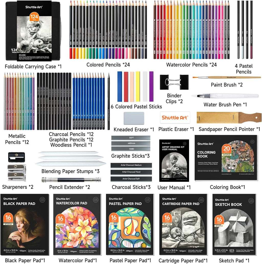 124 PCS Drawing Kit, Professional Drawing Supplies with Sketch, Charcoal, Colored, Graphite, Pastel Pencils & Sticks