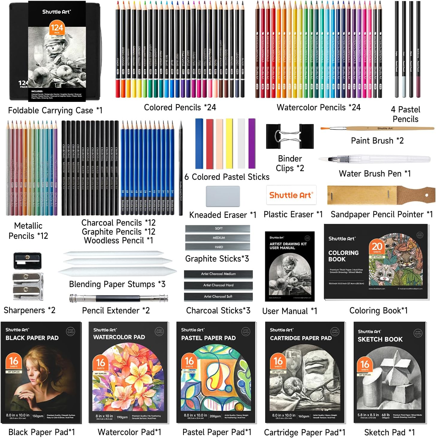 124 PCS Drawing Kit, Professional Drawing Supplies with Sketch, Charcoal, Colored, Graphite, Pastel Pencils & Sticks