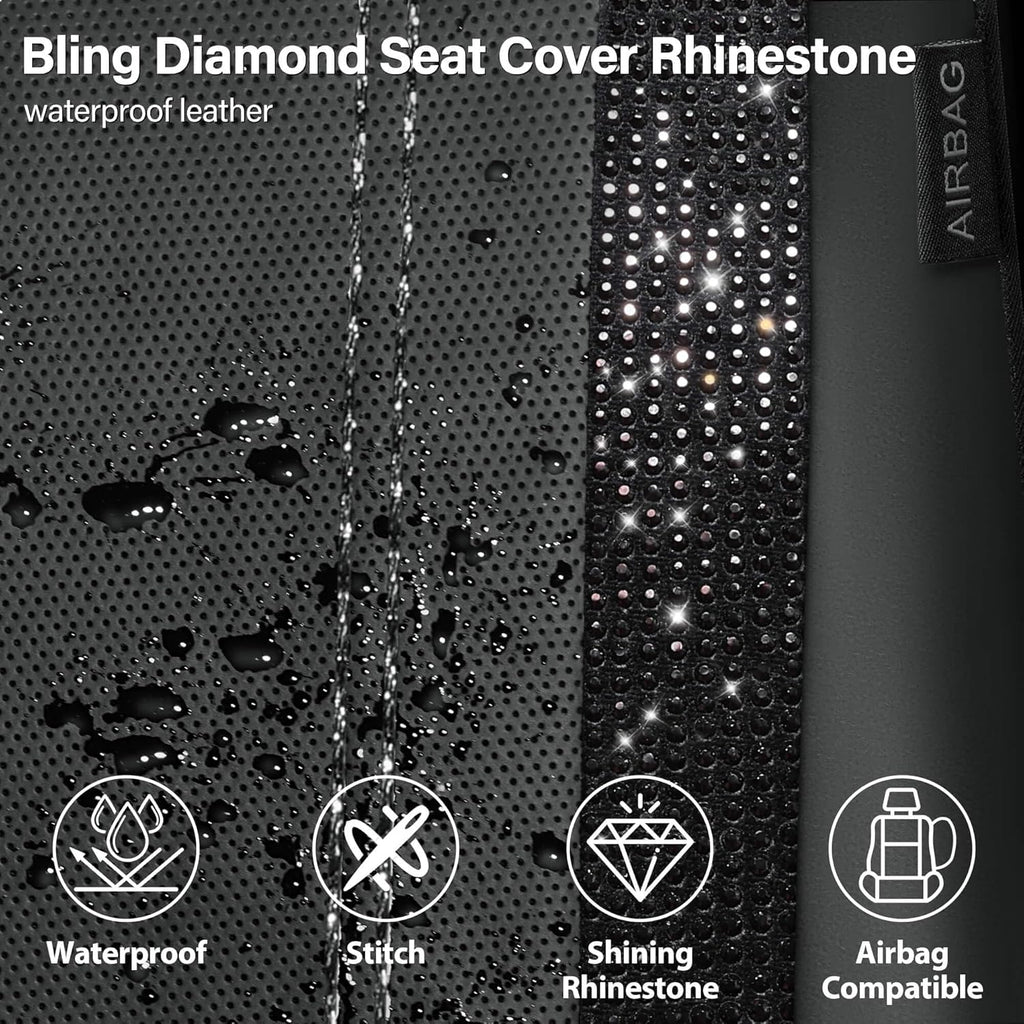Leather Bling Diamond Car Seat Covers Full Set, Shining Rhinestone Waterproof Durable Rear with Zipper, Universal Fit