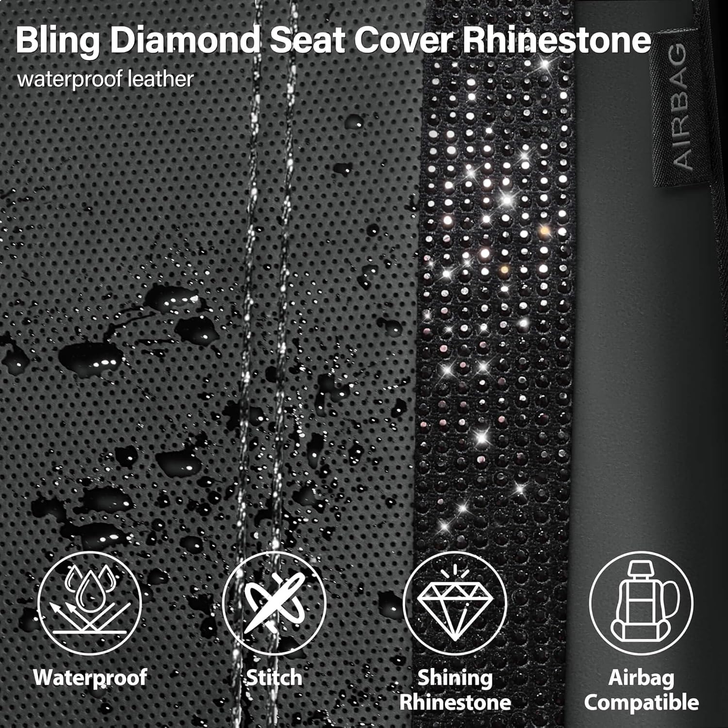 Leather Bling Diamond Car Seat Covers Full Set, Shining Rhinestone Waterproof Durable Rear with Zipper, Universal Fit