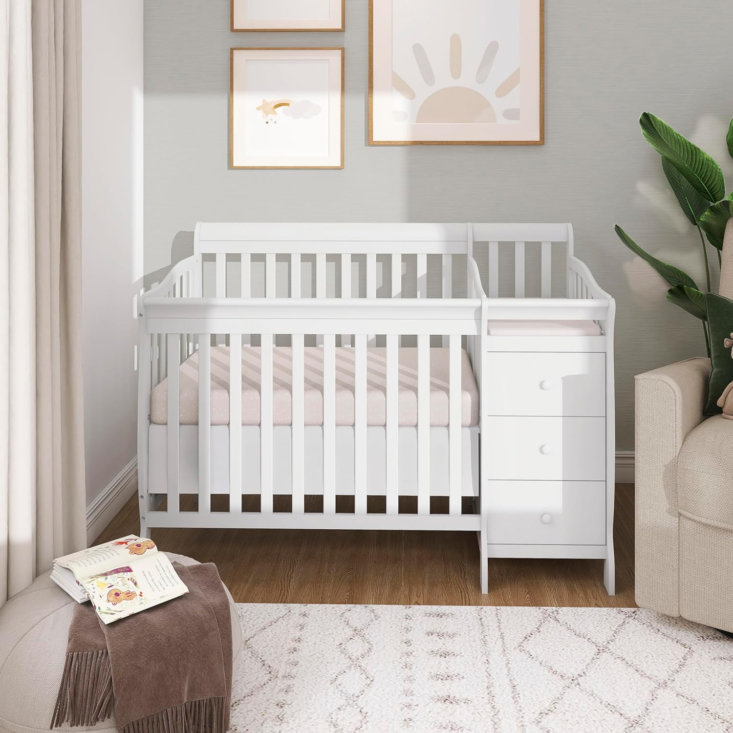 Jayden 4‑in‑1 Mini Convertible Baby Crib & Changer with Storage in White, Pinewood, GreenGuard Gold & BSA, 1”