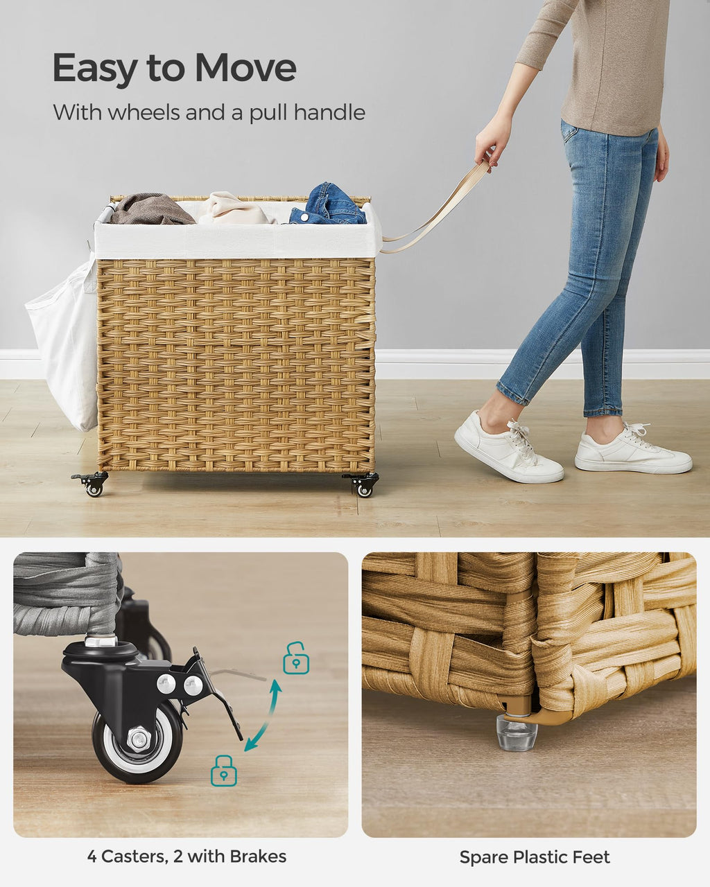Rolling Laundry Hamper with Lid, 140 L Synthetic Rattan