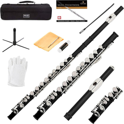 16 Keys Closed Hole C Flute Kit for Beginners - Black | Beginner Flute Kit with Carrying Case, Stand, Tuning Rod