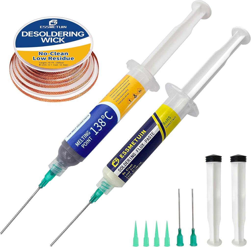 Sn42/Bi58 Lead Free Solder Paste (30g) & No Clean Soldering Flux(10cc) & Soler Wick for Electronic Soldering, SMD/SMT Remove