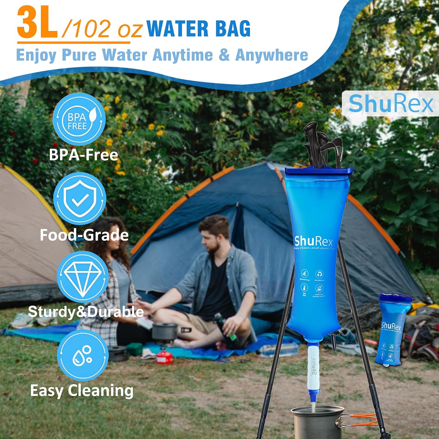 3L Gravity Fed Water Filtration System with Adjustable Tree Strap | Gravity Bag with Filter Straw, Water Purifier