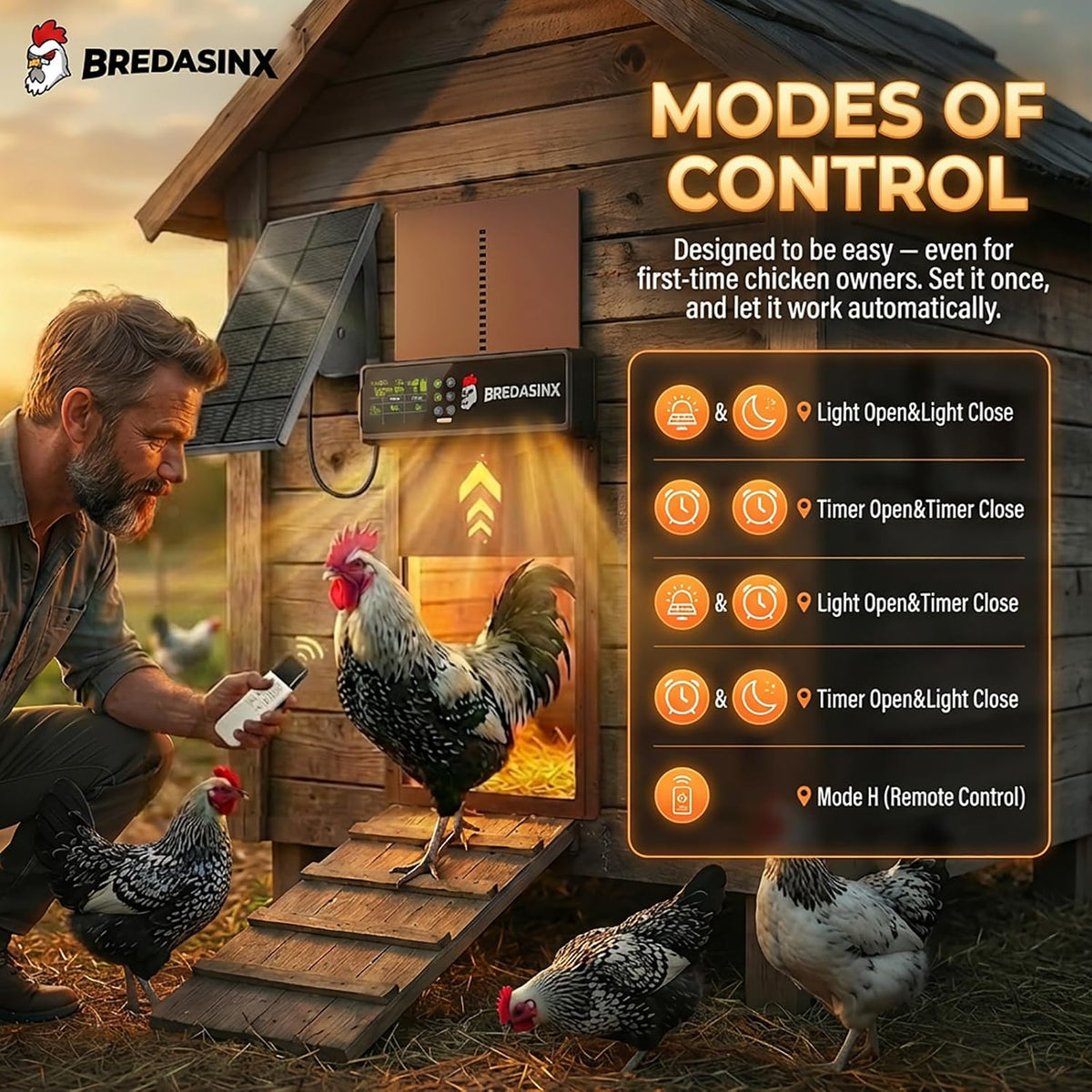 Solar Automatic Chicken Coop Door, 6-Mode Programmable Remote, HD Screen