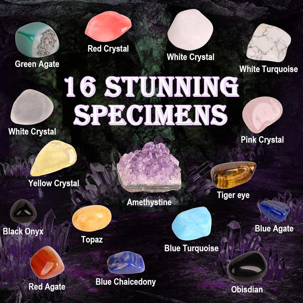 Gemstone Dig Kit, 16 Real Gem Stones and Crystals Excavation Kit, STEM Educational Toys Science Kit for Kids 5-7