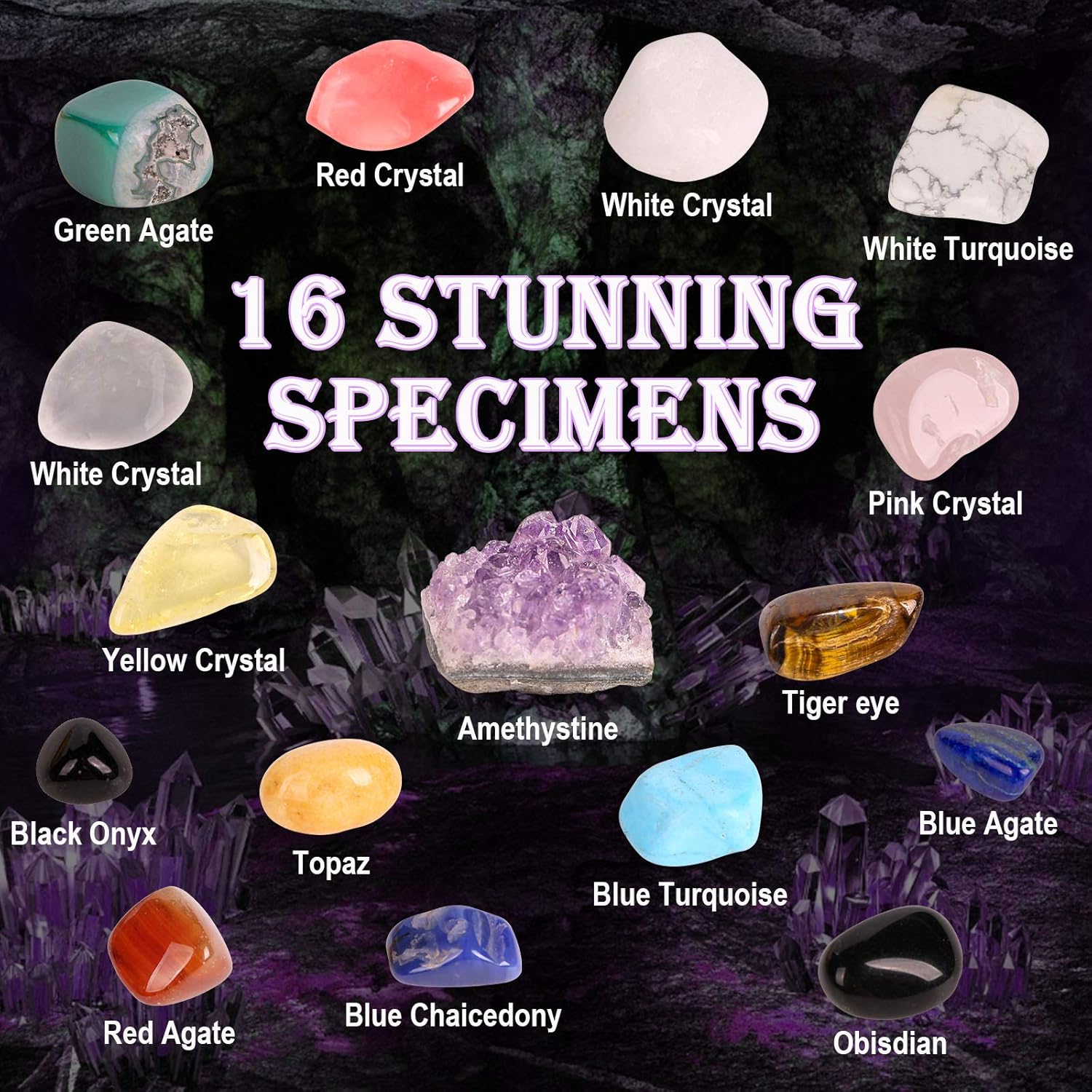 Gemstone Dig Kit, 16 Real Gem Stones and Crystals Excavation Kit, STEM Educational Toys Science Kit for Kids 5-7