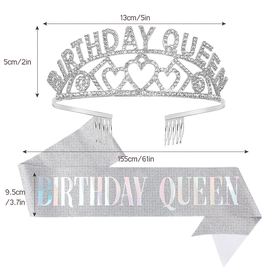 Silver Queen Crown and Sash - Rhinestone Tiara and Sash for Women's Birthday Party Favors - Glitter Decorations