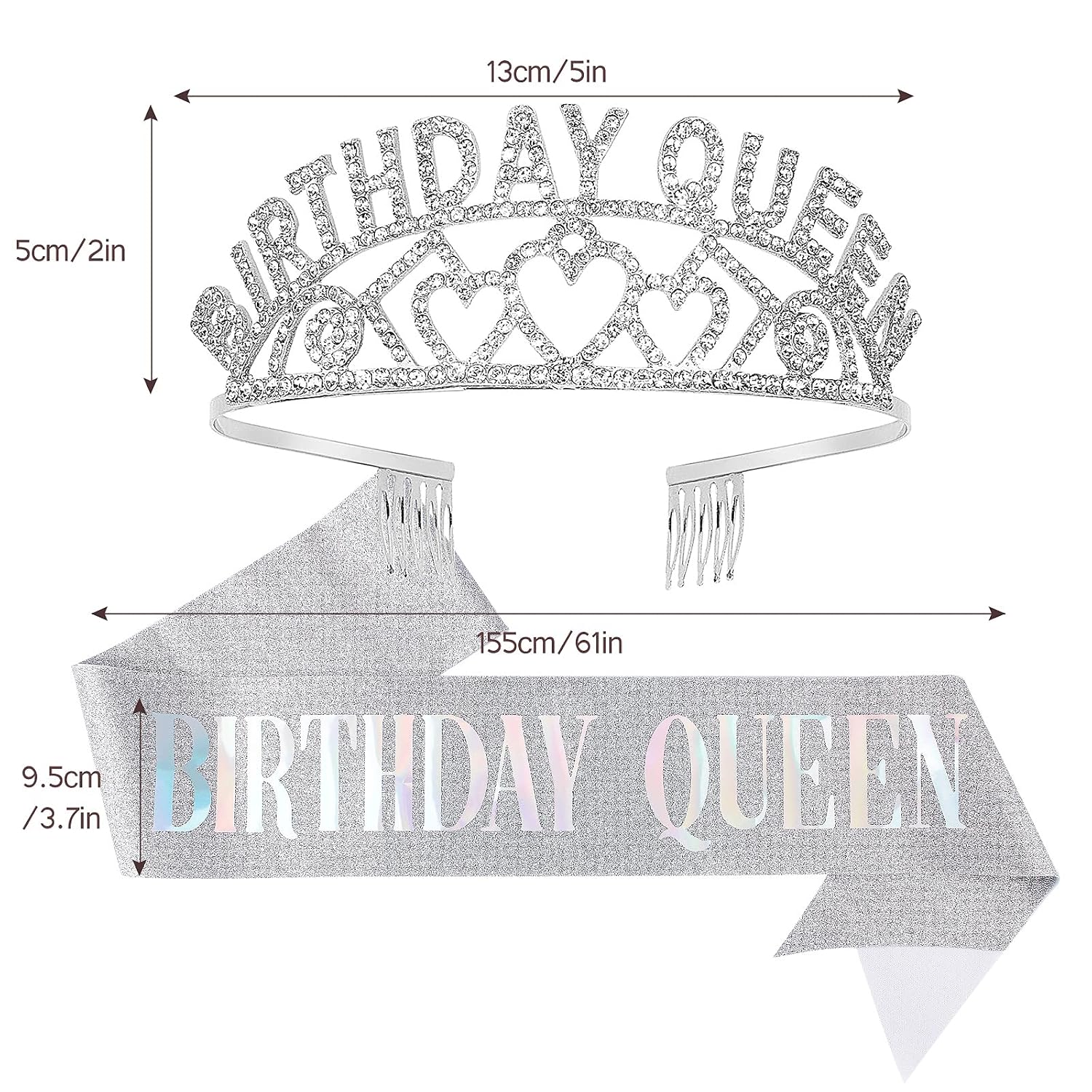 Silver Queen Crown and Sash - Rhinestone Tiara and Sash for Women's Birthday Party Favors - Glitter Decorations