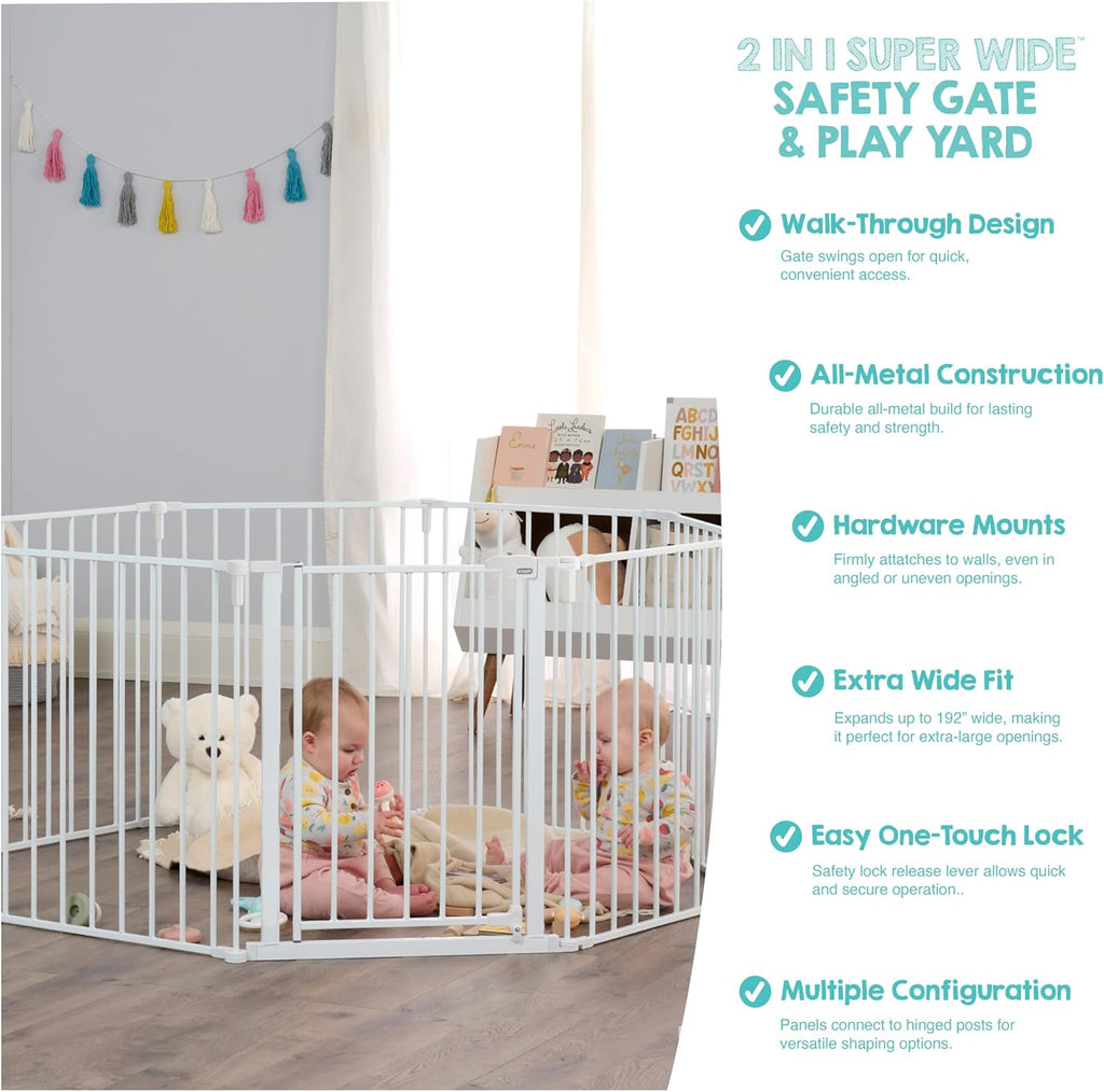 Safety 192" Super Wide Baby Gate & Play Yard, 2-in-1 Convertible Extra Wide Safety Barrier, Hardware Mounted for