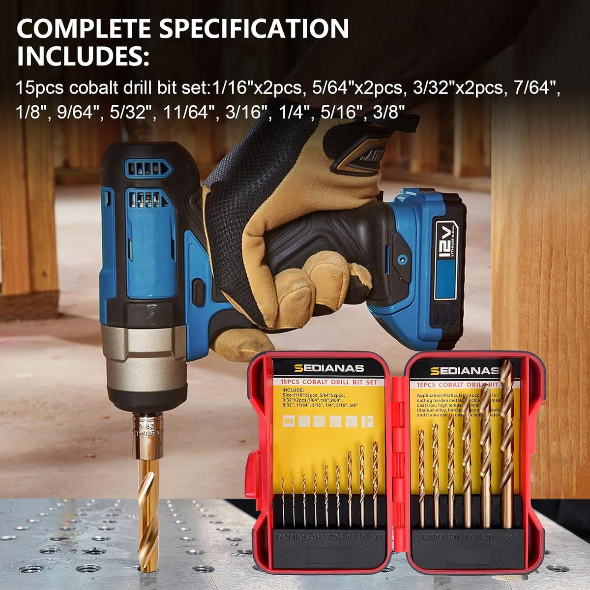 Cobalt Drill Bit Set - 15Pcs M35 HSS Twist Drill Bits, Straight Shank