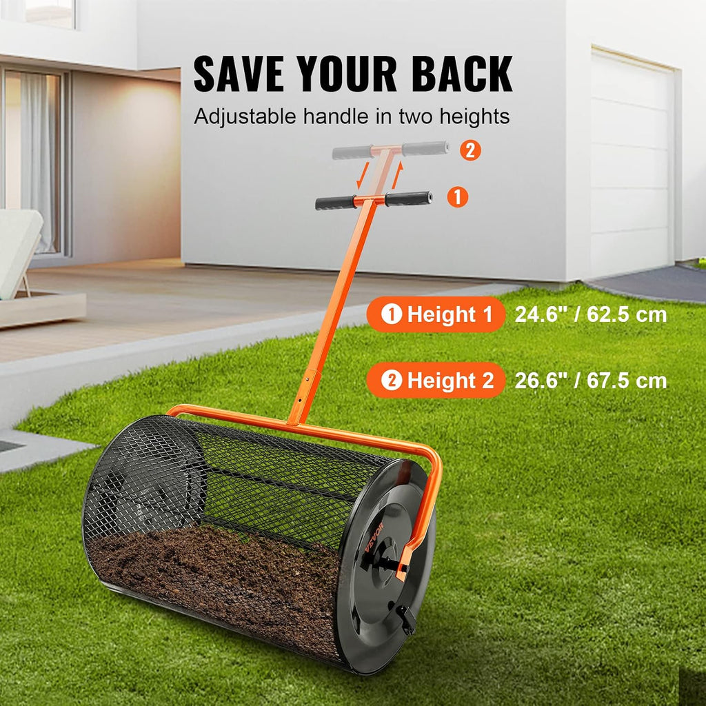 Compost Spreader, 24.4-25.6" Height Adjustable Handle, 24" Wide, Lawn and Garden Peat Moss Roller with Side Latches