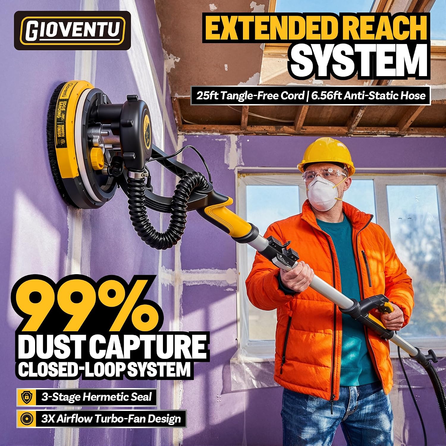 Electric Drywall Sander with Vacuum, 750W 7A, 26' Cord for Ceiling & Wall | 99% Dust Collection, Low Vibration NSK
