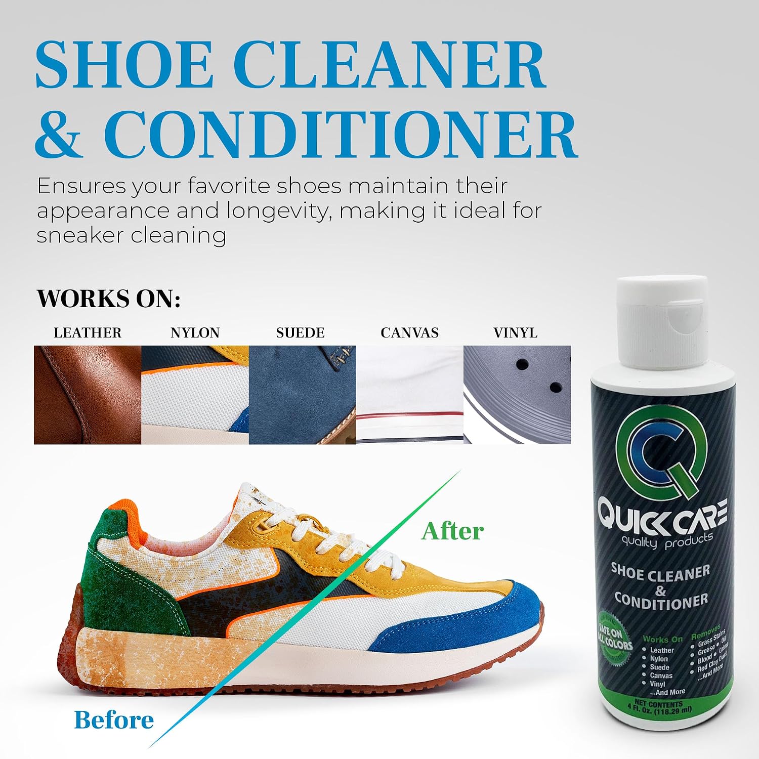 QuickCare Premium Shoe Cleaner with Conditioner, Brush & Sponge, Ultimate Cleaning Shoes Kit for Sneakers, Leather