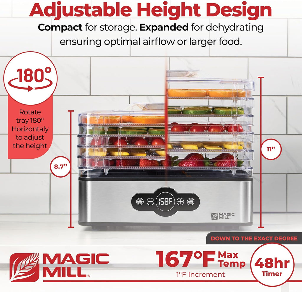 Food Dehydrator Machine | 5 Stackable Stainless Steel Trays, 48H Digital Adjustable Timer & Temperature Control Upto