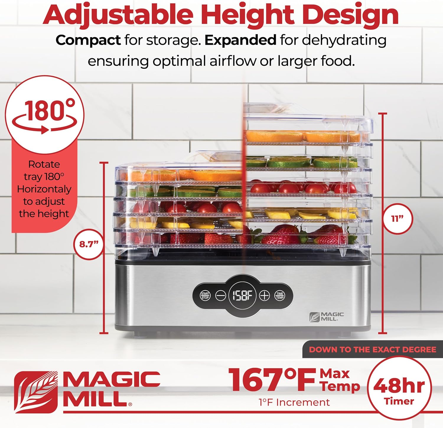 Food Dehydrator Machine | 5 Stackable Stainless Steel Trays, 48H Digital Adjustable Timer & Temperature Control Upto