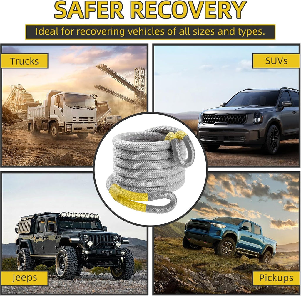 1" x 30' Kinetic Recovery Tow Rope (48,500lbs) with 2 Soft Shackles (56,000 lbs), Heavy Duty Offroad Towing Straps