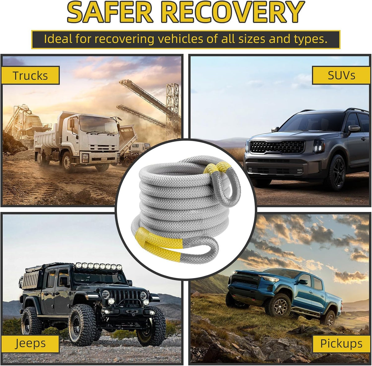 1" x 30' Kinetic Recovery Tow Rope (48,500lbs) with 2 Soft Shackles (56,000 lbs), Heavy Duty Offroad Towing Straps