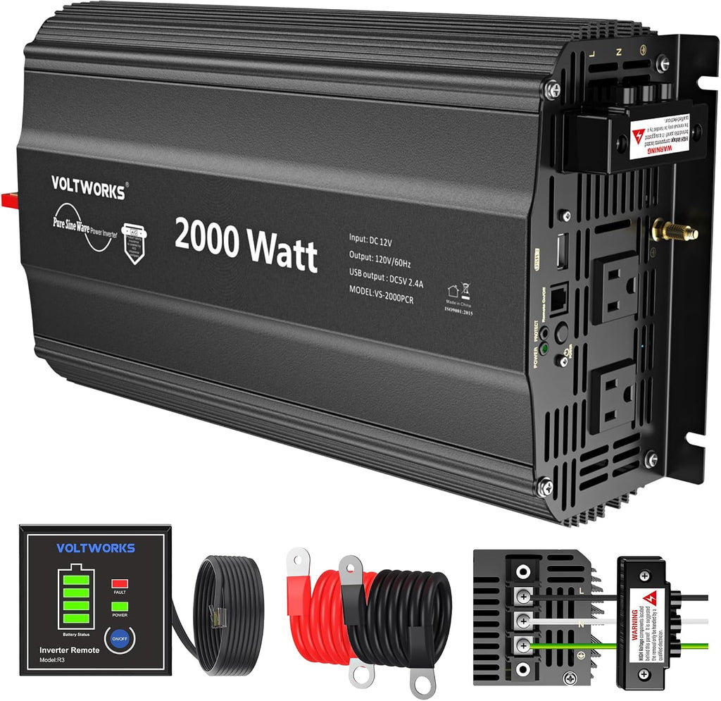 2000 Watt Pure Sine Wave Inverter 12V DC to 110V 120V AC Power Inverter | UL Fuses and 20A AC Hardwire Terminal