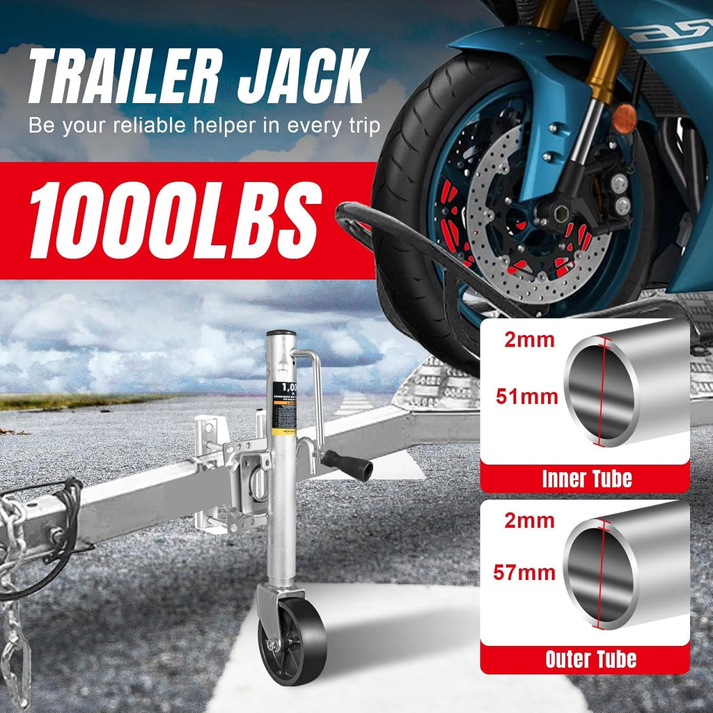 1000 lbs Trailer Jack with Wheel, Heavy Duty Swivel Boat Trailer Jack Single Wheel, 10" Lift, Bolt-on Trailer Tongue