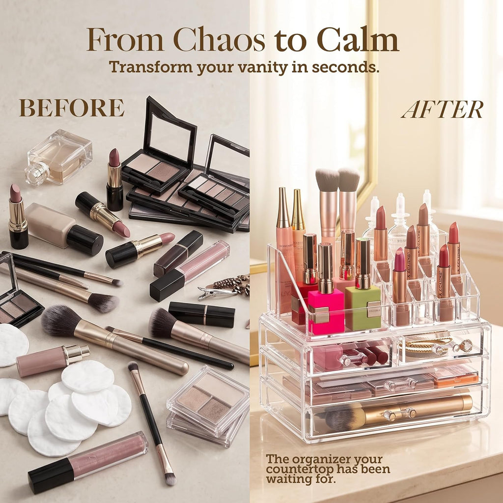 Clear Makeup Organizer with 4 Drawers 16 Compartments, Countertop