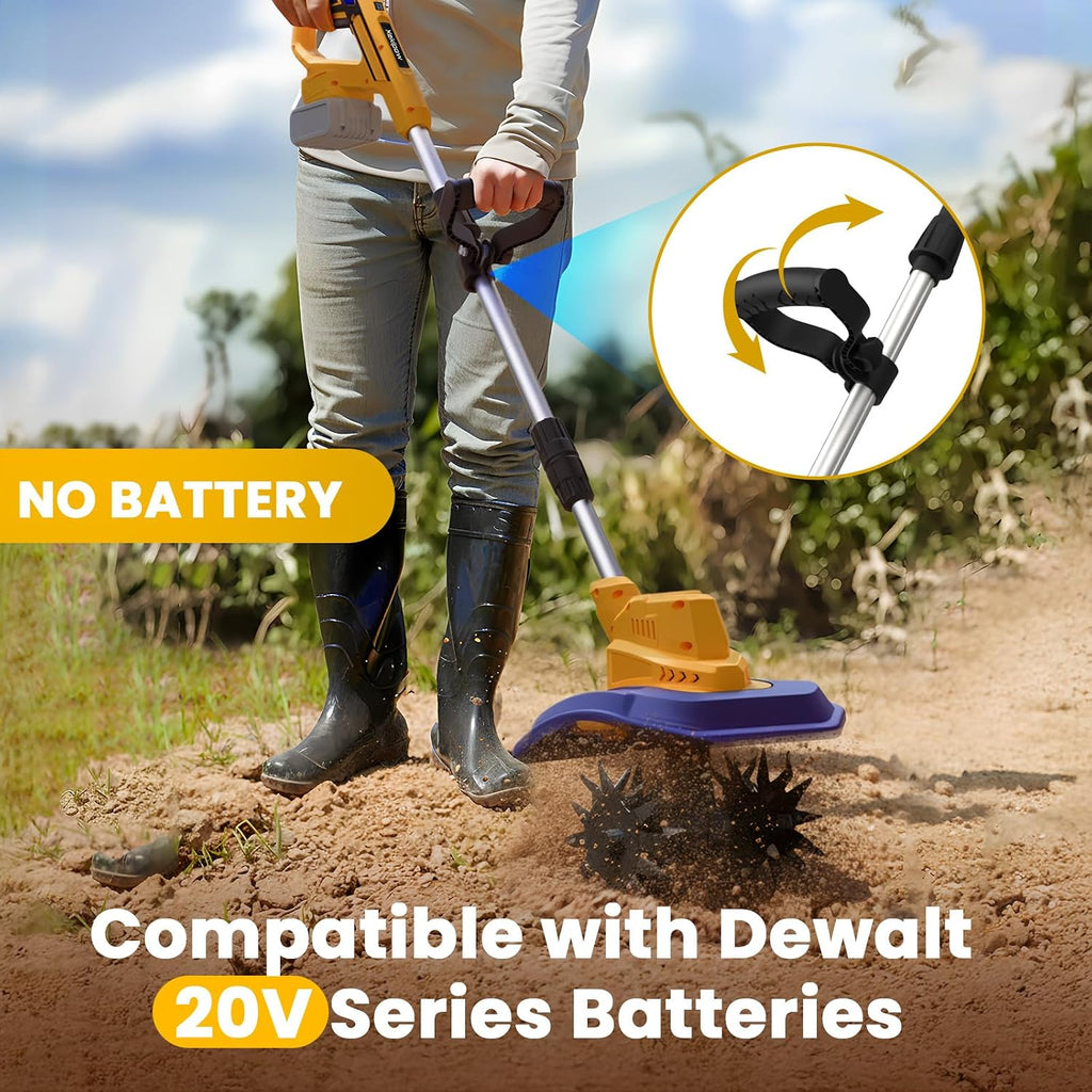 Cordless Garden Tiller Cultivator Compatible with Dewalt 20V/60V Battery | 250RPM Electric Rototiller with Brushless