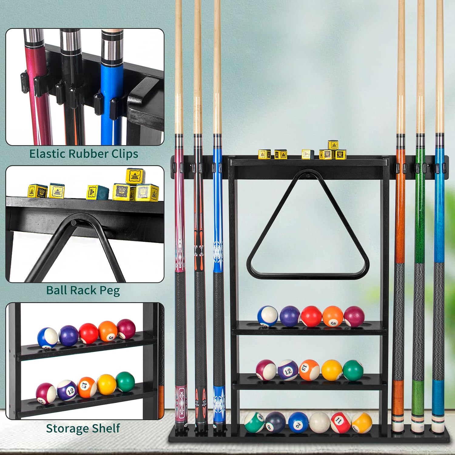 Black Pool Stick Holder, Wall Mount Pool Cue Rack ,Solid Wood Floor Stand for billiard cue sticks,Holds 6 Pool Cues &