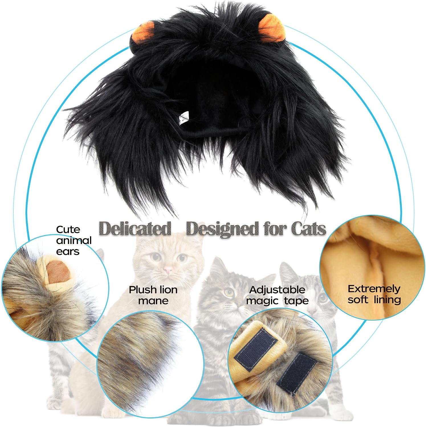 Lion Mane Wig for Cat Costume Pet Adjustable Washable Comfortable Fancy Lion Hair Cat Clothes Dress for Halloween