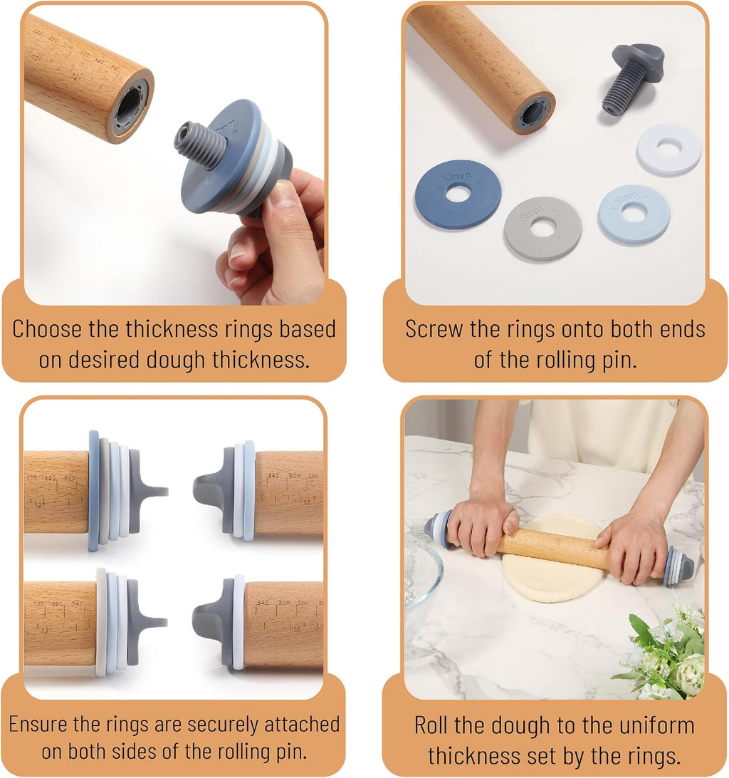 Adjustable Rolling Pin with Thickness Rings, 13.8", 4 Rings