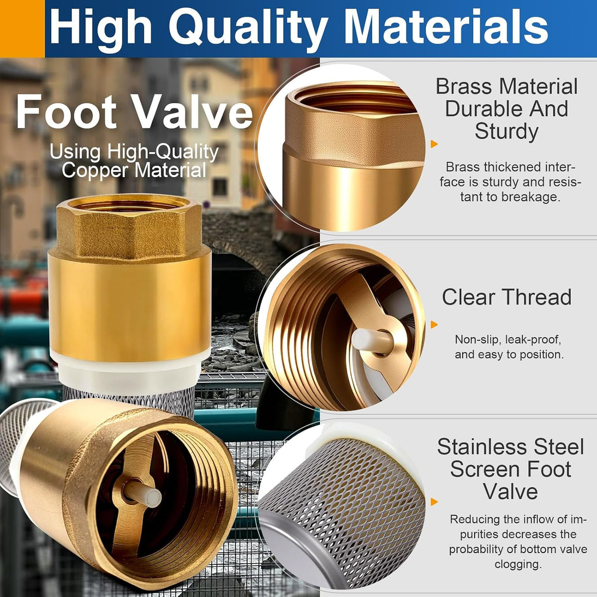 2 Pack 1/2" DN15 Brass Foot Valve with Strainer, Check Valve