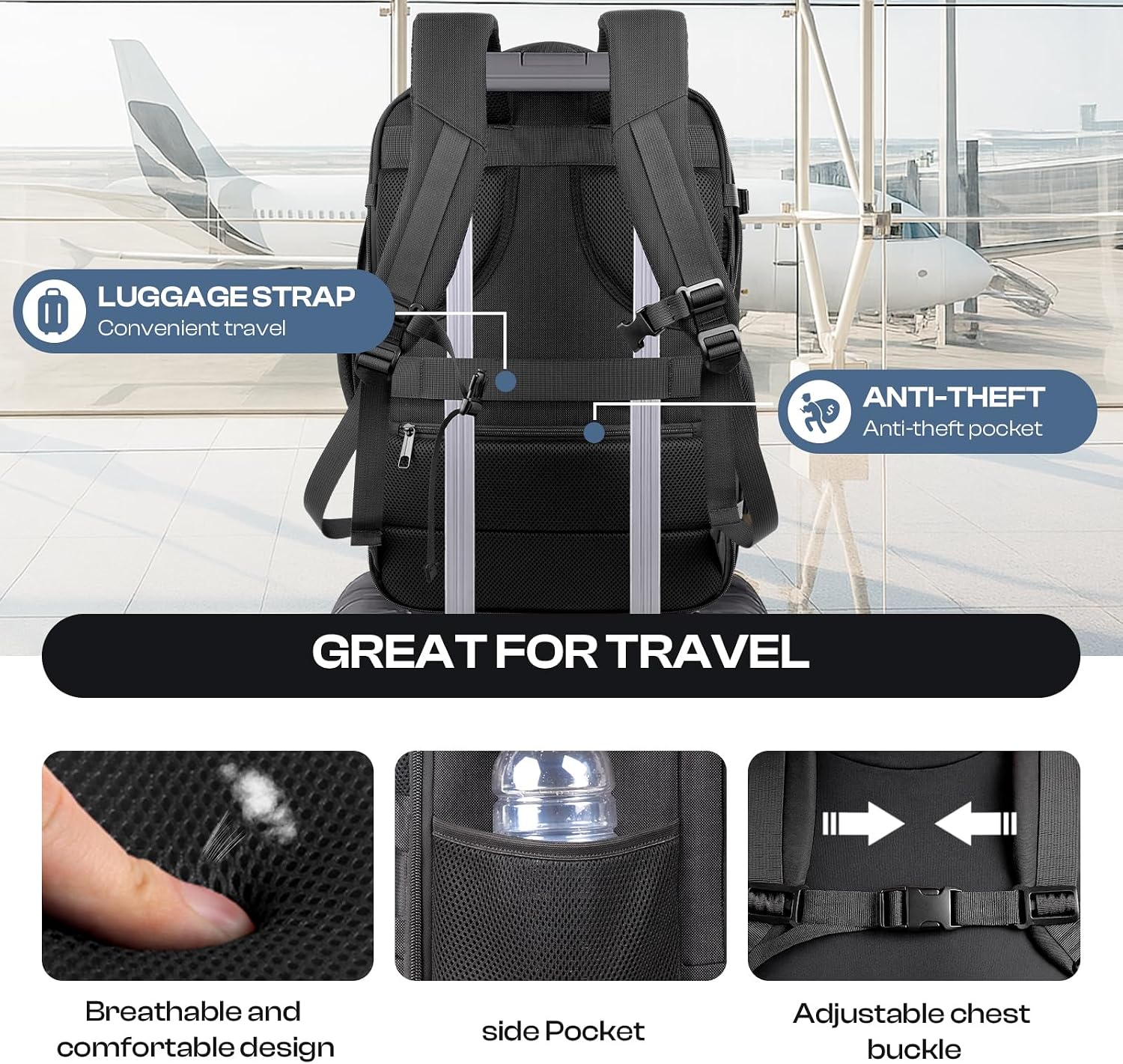 Roomy Travel Backpack, Expandable 40L-50L Carry On Backpack For 17.3" Laptop,TSA Flight Approved Business Travel