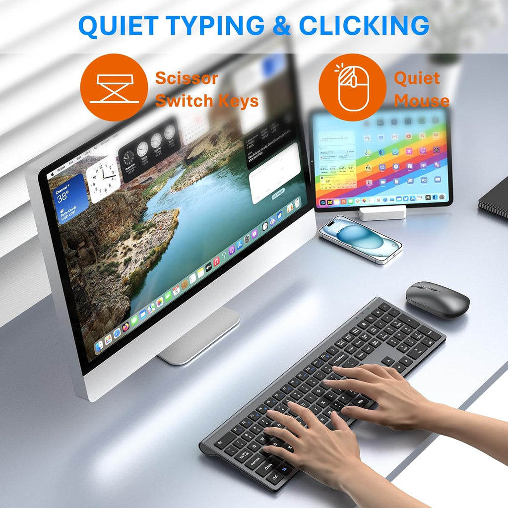 Wireless Keyboard and Mouse Combo, Ultra Slim Full Size Silent Keyboard and Adjustable 3-Level DPI Mouse,2.4GHz