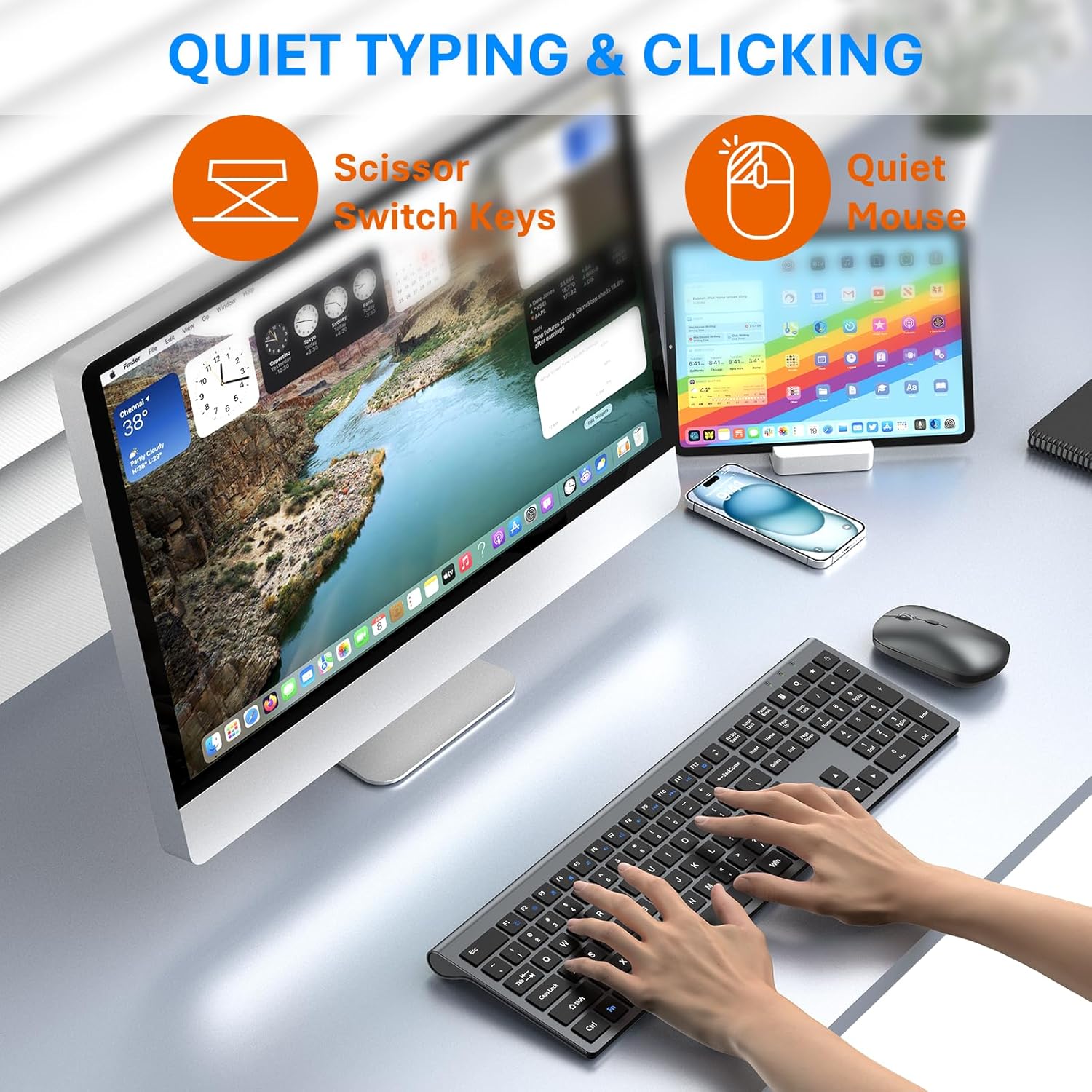 Wireless Keyboard and Mouse Combo, Ultra Slim Full Size Silent Keyboard and Adjustable 3-Level DPI Mouse,2.4GHz