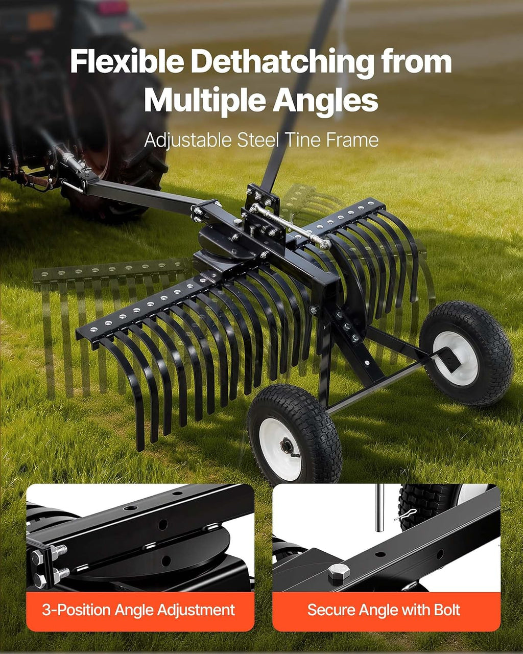 48in Tow Behind Landscape Rake, Pull Behind Lawn Rock Rakes for ATV Mower Tractors, 24 Durable Steel Tines