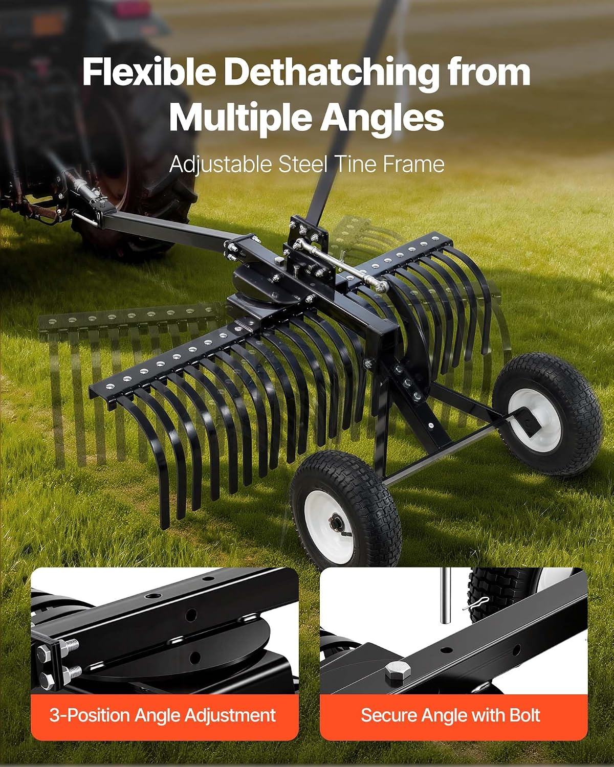 48in Tow Behind Landscape Rake, Pull Behind Lawn Rock Rakes for ATV Mower Tractors, 24 Durable Steel Tines
